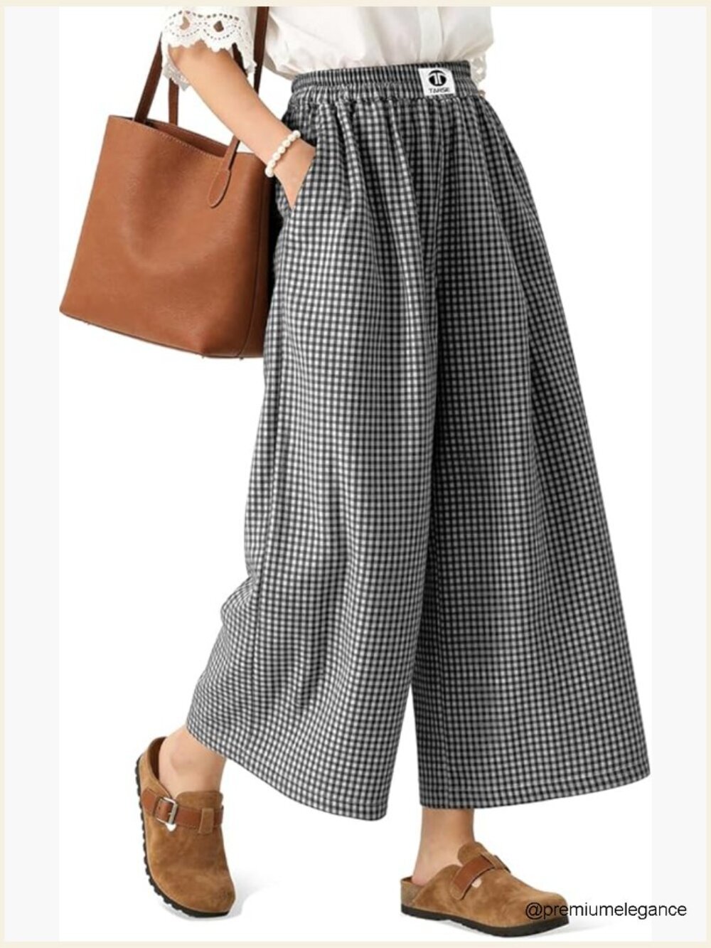 Wide Leg Capri Pants Loose Gingham Plaid Culottes Elastic Waist Palazzo